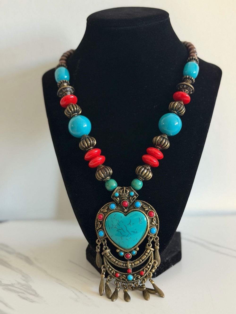 Turquoise & Red Heart Pendant Statement Necklace